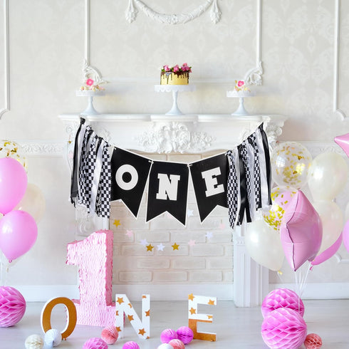 Q&High Life Race Car First Birthday Highchair Banner, Pre - strung Black & White Checkered ONE Garland for Boys Fast