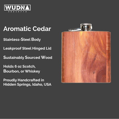 WUDN 6 oz. Wooden Hip Flask Stainless Steel Body Real Aromatic Cedar