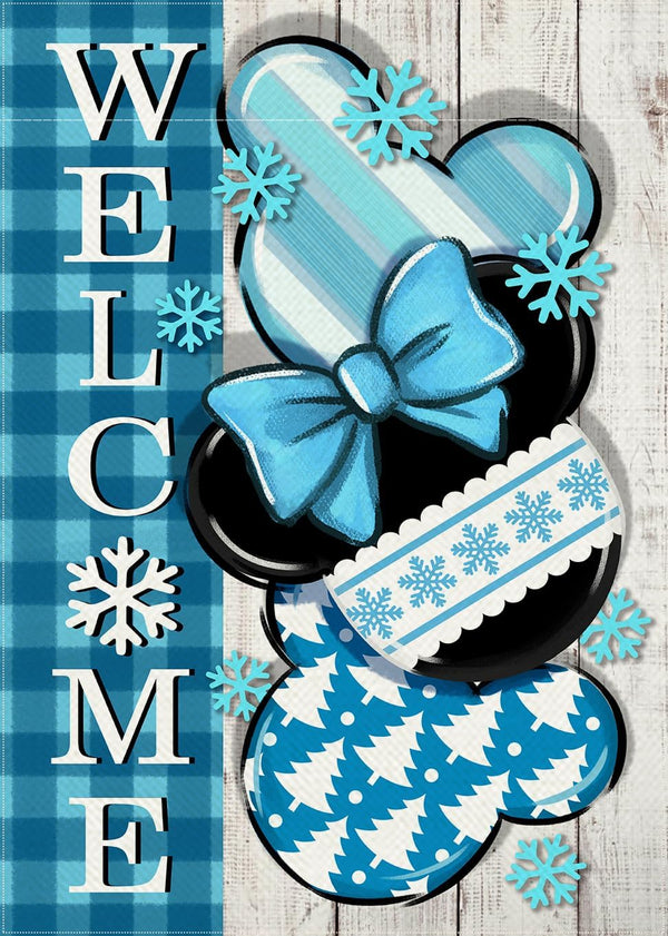 Welcome Winter Decorative Garden Flag, Blue Plaid Check Snowflake Farmhouse Yard Decorations, Seasonal Outdoor Decor