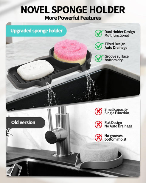 AMAZYC-US 2-in-1 Upgraded Silicone Sponge & Soap Holder with Extra Tray, Auto-Drain Organizer for Kitchen & Bathroom