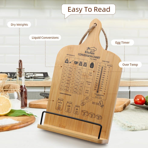 Cookbook Stand: Wooden Holder with Measurement Conversion Chart, Adjustable Recipe Book Stand