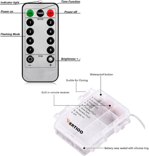 WERTIOO 33ft Battery Operated String Lights with 100 LEDs Globe, Remote Control, 8 Modes, Timer, Indoor/Outdoor (White)