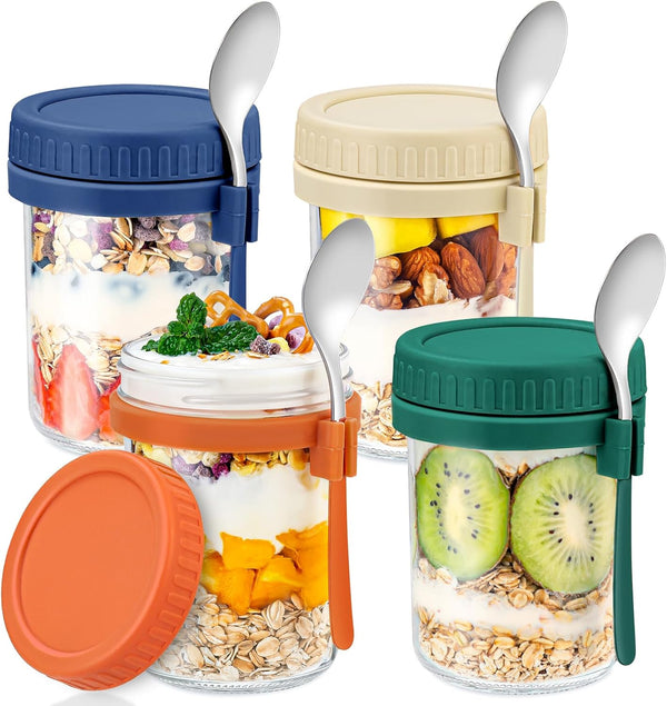 DRKIO 4 Pack Glass Overnight Oats Containers with Lids and Spoons 16