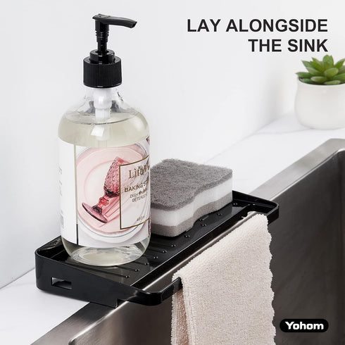 YOHOM 2-in-1 Suction Cup Sponge Holder for Kitchen, Undermount Sink Plastic Scrubber Tray Organizer (Black)