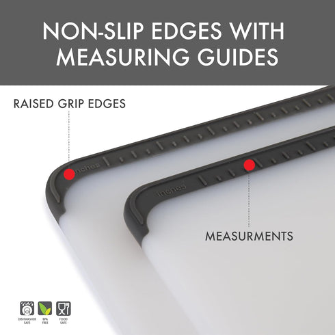 Dexas 2-Pack Non-Slip Cutting Boards with Measuring Guides, Includes 13"x9" and 8"x6.5" Boards