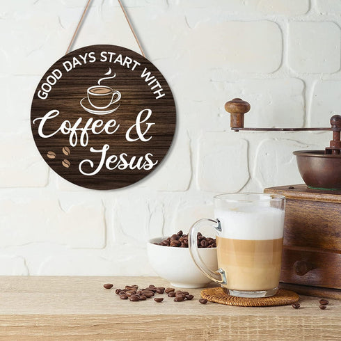 HMASYO Wood Coffee Signs, Good Days Start with Coffee & Jesus, Farmhouse Wall Sign Decor for Kitchen, 12'' x 12''