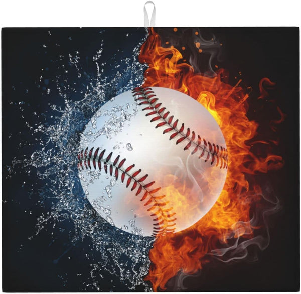 Baseball Dish Drying Mat 18x16 in, Sports-Themed Absorbent Pads with Cool Fire & Water, Drainer Mats for Kitchen Counter