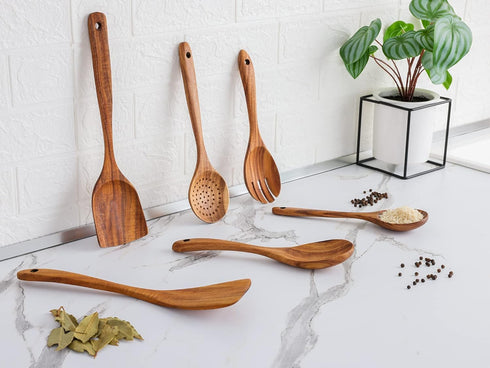 6-Pcs Wooden Spoons for Cooking - Smooth Finish Teak Wooden Utensils for Cooking -Wood Spoons for Cooking - Wooden Spoon Sets -Non-Stick Wooden Cooking Utensils -