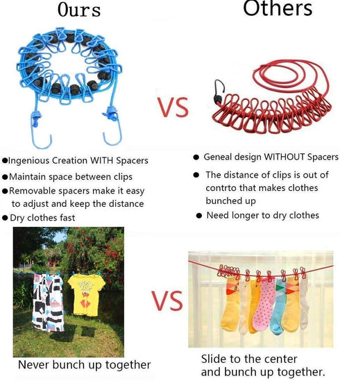 2 Pack Portable Clothesline with 12 Clothespins, Windproof Retractable Elastic Laundry Line for Drying