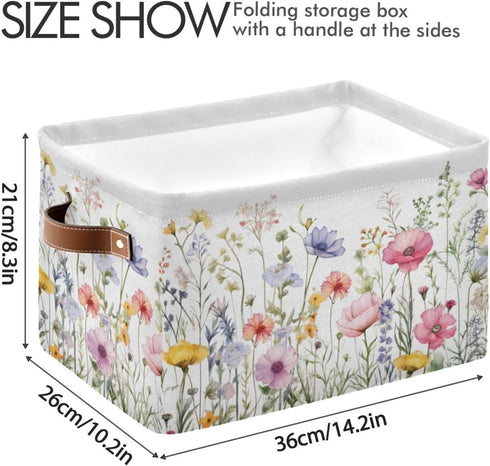 Herbal Wildflowers 1pc Storage Basket, Large Collapsible Canvas Organizer with Handle for Home Office Decor