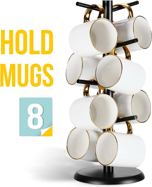 Lorbro Coffee Mug Tree with 8 Hooks, Mug Tree Stand, Bamboo Coffee Cup Holder, Countertop Mug Tree, Mug Stand Kitchen Organizer, Cafe Accessories Decor & Kitchen Organizer Storage Stand (Black) by Lorbro