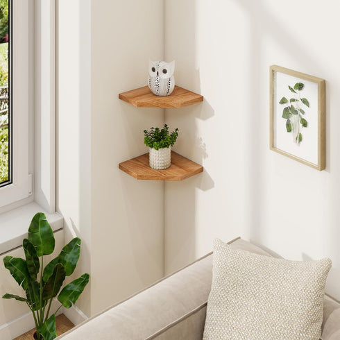 7in 1 Pack) Fun Memories Corner Shelf Wall Mount, Solid Oak Wood Floating Corner Shelves with Cable Hole, Rustic Design