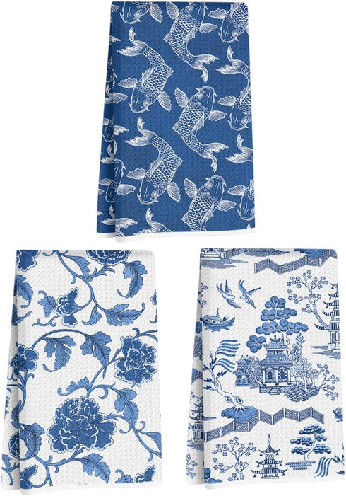 Hanamiya Na 3Pcs Exquisite Traditional Landscape Kitchen Towels, Koi Fish Floral Decorative Absorbent Microfiber