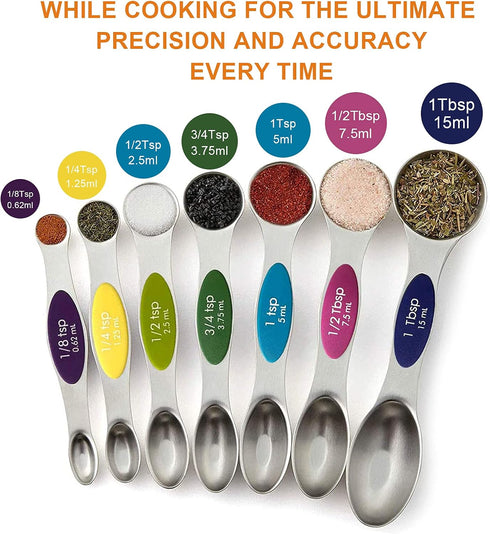 Magnetic Measuring Spoons Set, Stainless Steel Stackable Dual Sided for Cooking & Baking, Set of 8