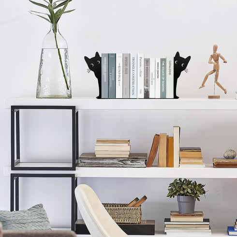 HENART 2 Sets 2PCS) Peeping Cat Bookends,Metal Cat Book Ends for Heavy Books for Shelves Decorative,Bookshelf Decor