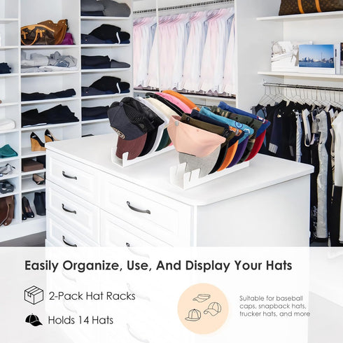 HAYVAN Hat Organizer for Baseball Caps, 2 PCS No Install Acrylic Holder for 14 Caps (White)