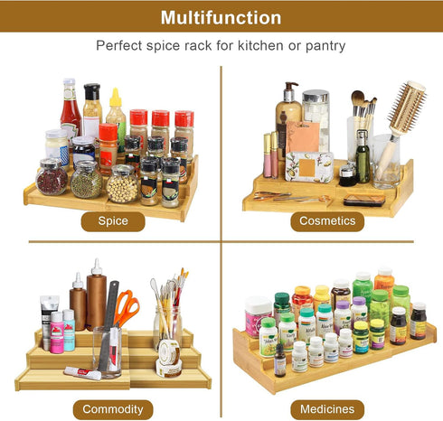 Spice Rack Organizer for Cabinet, 3 Tier Expandable Bamboo Storage for Kitchen Cabinet, Cupboard, Pantry