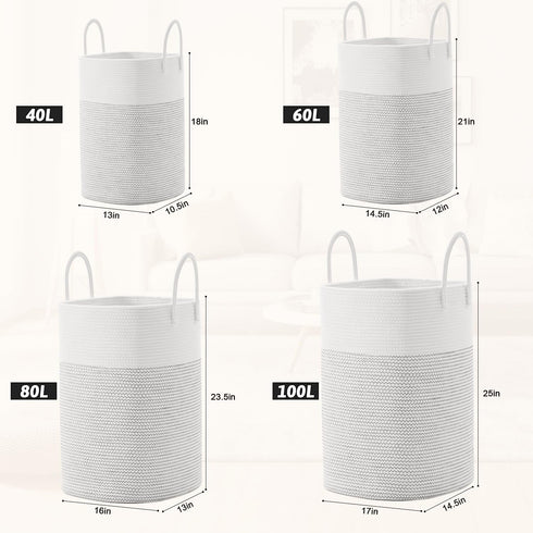 Woven Cotton Rope Laundry Basket, 80L Versatile Hamper for Dirty Clothes, Baby Toys, and Blankets in Bathroom, Nursery