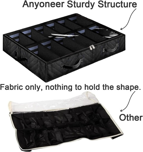 Under Bed Shoe Storage Organizer, Set of 2, Adjustable Dividers, Sturdy Zipper, Clear Window, Black