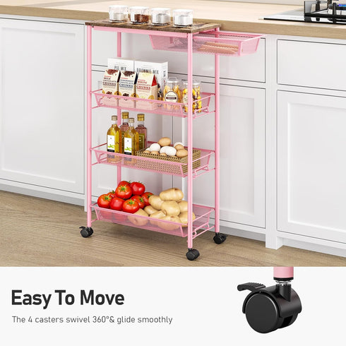 4-Tier KINGRACK Slim Storage Cart, Metal Rolling Cart, Organizer with Wooden Tabletop and Drawer Basket, Mobile