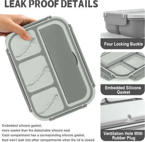 Bento Box Adult Lunch Box, 4 Compartments Lunchable Food Container with Utensils, Sauce Jar, Muffin Liners, Gray.