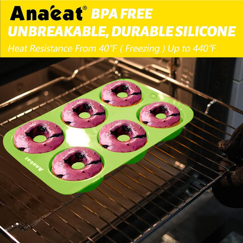 Anaeat 2 Pack Donut Pan Silicone Baking Mold, Non-Stick for 6 Full-Size Donuts, Easy Clean and Dishwasher Safe.