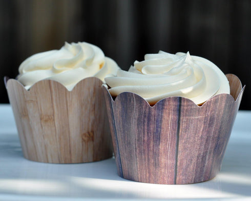 Woodgrain Cupcake Wrappers for Rustic Weddings, Set of 24 Reversible Woodsy Cup Cake Holder Wraps, Brown