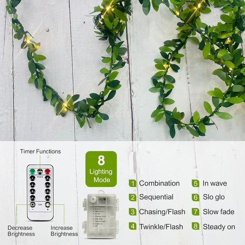 Battery Operated Vine String Lights, 33 Ft 100 LED Warm White Light with Green Vine for Indoor Outdoor Decor