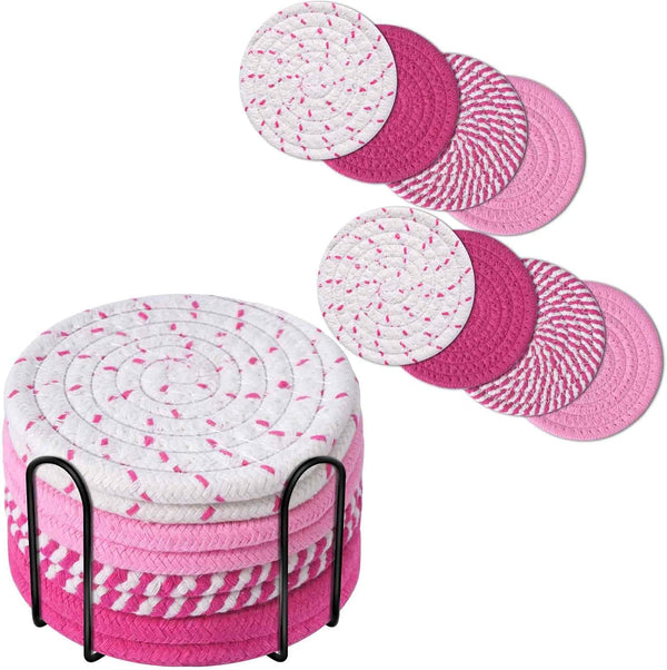 Drink Coasters 8 Pack with Holder, 4-Color Cotton Woven Absorbent Coasters Set,
