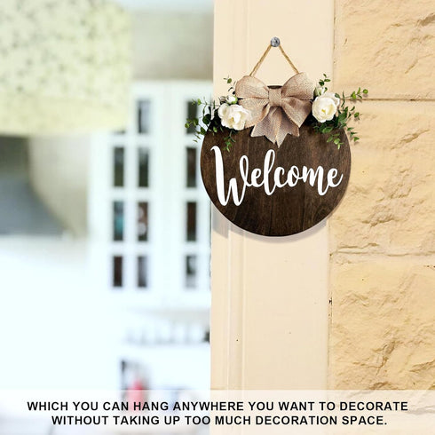 MayAvenue Welcome Wreaths Decor Sign, Round Wood Hanging Sign with Ribbon Bow and Green Leaves for Front Door