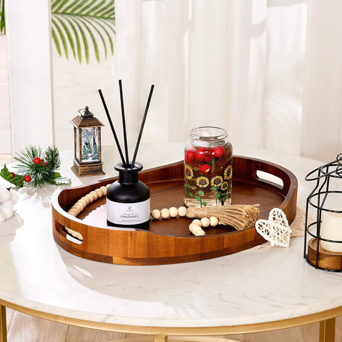 HouseJoy Display,16.5"x13" Acacia Wood Serving Tray with Handles, Decorative Ottoman Tray Platter for Breakfast in Bed