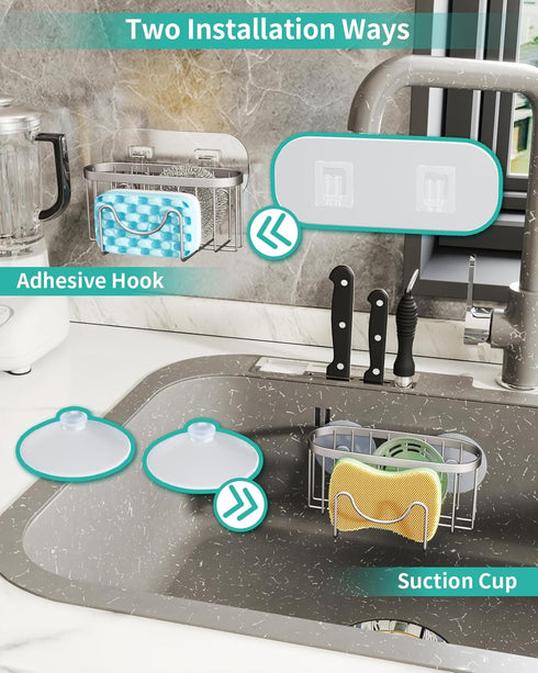 2 HapiRm Multifunctional Kitchen Sponge Holder with Unique M-Shaped, Installation Ways Sink Caddy, Stainless Steel