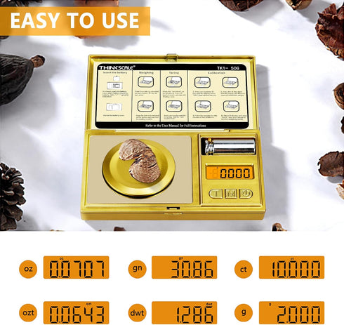 THINKSCALE 50g/0.001g Digital Milligram Scale, Gold Mg Scale with Calibration Weight for Reloading and Powder Medicine