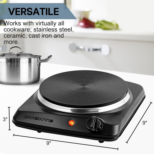 OVENTE Electric Countertop Single Burner, 1000W Cooktop with 7.25 Inch Cast Iron Hot Plate, Compact Cooking Stove,