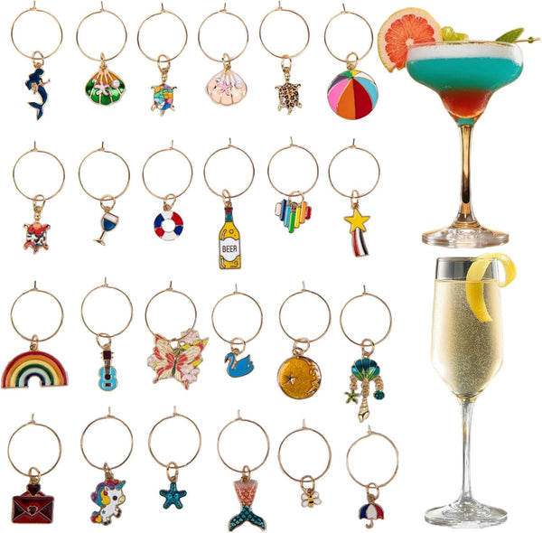 Qocuzax 24Pcs Wine Glass Charms & Markers - Reusable Identifier Tags for Stem
