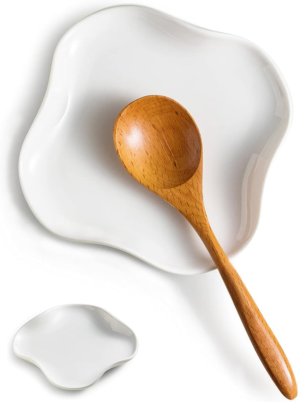 Spoon Rest, Spoon Holder for Stove Top, Farmhouse Kitchen Decor Rack for Multiple Utensils, White, Ruffled Edge