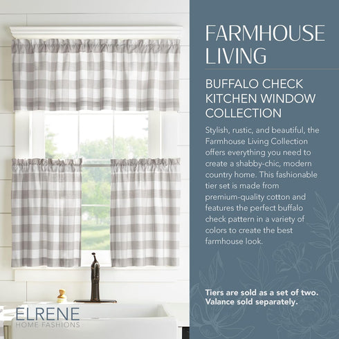 Elrene Home Fashions Buffalo-Check Valance, 60" x 15" for Bathroom or Kitchen Windows, Gray/White
