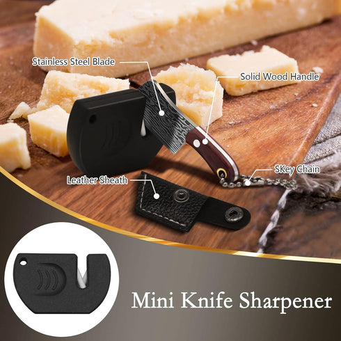 Mini Knife Set, Damascus Pocket Knife Set with Sharpener, Tiny Cleaver Keychain, EDC Knives Set - Set of 7