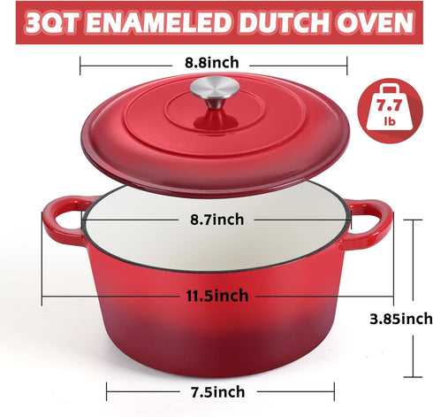 3qt TeamFar Dutch Oven, Small Enameled Cast Iron Dutch Oven Pot with Lid, For Bread Baking/Stewing/Braising/Frying