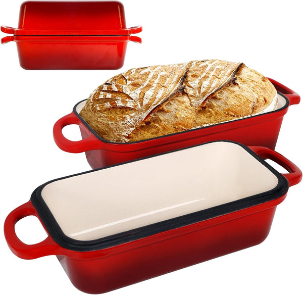 FUNKYLEE Enameled Cast Iron Bread Pan with Lid, 2-in-1 Loaf Pan for Baking