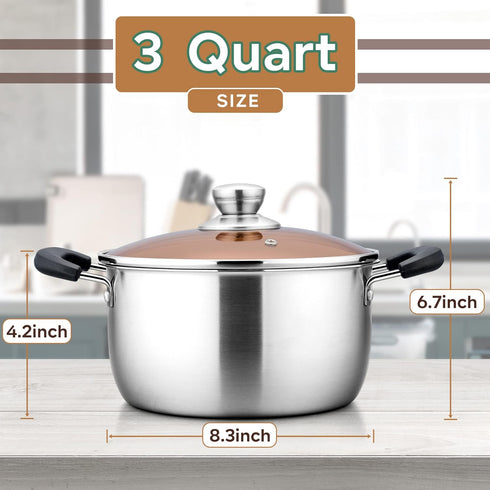 LIANYU 3QT Stainless Steel Stock Pot, Cooking Soup Pot with Lid, Heavy Duty Pasta Stockpot for Strew Simmer Boiling, Heat-proof Handle, Dishwasher Safe by LIANYU