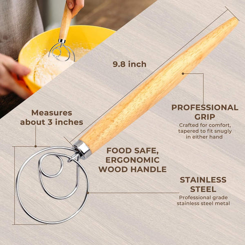Danish Dough Whisk Bread Mixer, 2 Pack Premium Stainless Steel Dutch Whisk with Dough Scraper for Baking