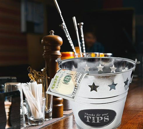 Tip Bucket Metal with Stars Design for Bar, Club, Musicians, Bartenders Money Tip Jar, 6” Diameter x 5.5” Height