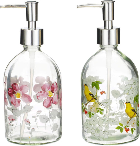 Set of 2 Flower Glass Soap Dispenser Bottles, 17oz with Plastic Pump