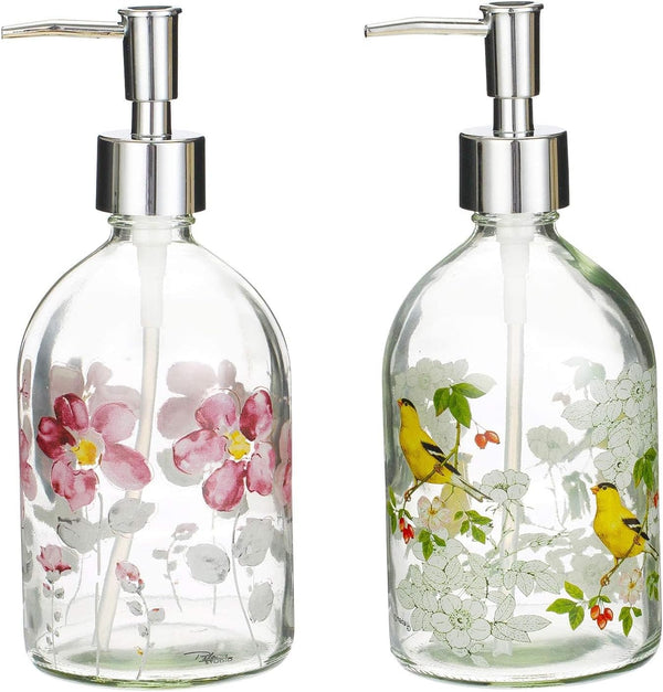 Set of 2 Flower Glass Soap Dispenser Bottles, 17oz with Plastic Pump