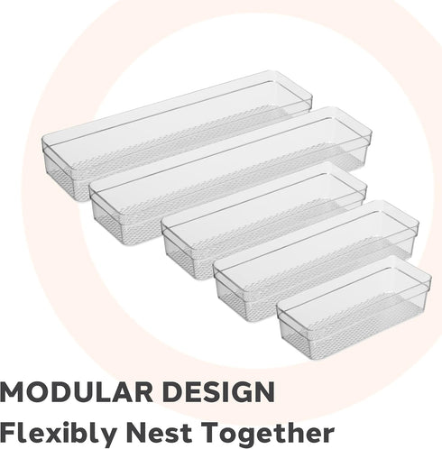 Oggi Clear Drawer Organizers Set of 5 - (1) 3x6.25, (2) 3x9.5, (2) 3x12.5 - Ideal for Kitchen, Office, Bathroom, and