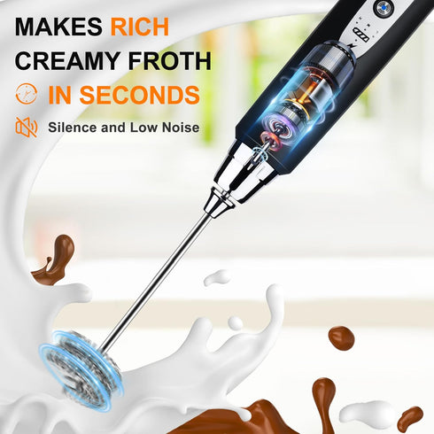 YUSWKO Black Handheld Milk Frother Wand, Rechargeable Electric Whisk with 3 Heads, 3 Speeds for Latte, Cappuccino, Egg
