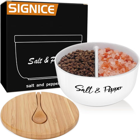 Ceramic Salt and Pepper Bowls with Bamboo Lid, Farmhouse Salt Box Holder Set for Countertop Modern Kitchen Decor