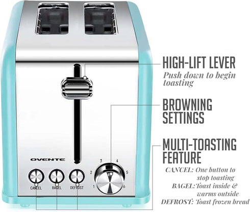 OVENTE 2 Slice Toaster, Extra Wide Slot with 6 Toast Settings, Compact Stainless Steel Countertop Toaster