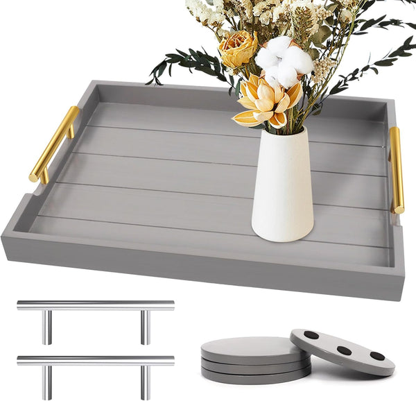 SXNOWS Wooden Serving Tray with 2 Sets of Handles,Large Ottoman Tray for